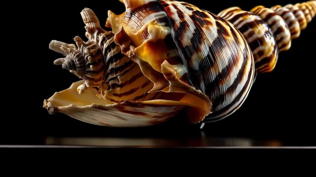 Elevated, close-up studio shot of textured brown and white striped sea shell with a spiral pattern on a dark, reflective surface, evoking oceanic mystery