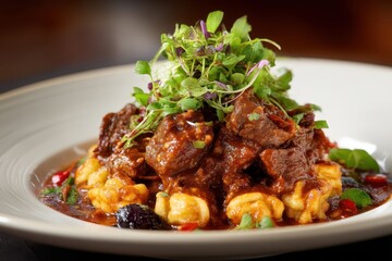 Schmorbraten mit Spätzle und Bratensoße traditionelles deutsches Fleischgericht Rinderschmorbraten auf Eierspätzle garniert mit frischen Kräutern und Paprika deftige Hausmannskost Nahaufnahme Foodfoto