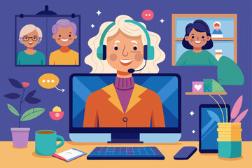 Elderly woman on video call with colleagues, smiling and using headset (video call, work from home, older employee)