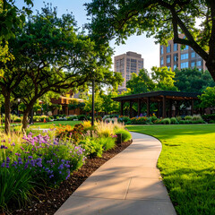 Obraz premium Serene City Park Pathway Lush Landscaping Gazebo and Modern Buildings