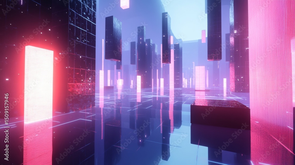 Poster exploring floating geometric structures in a futuristic cyberspace environment a 3d visual experienc