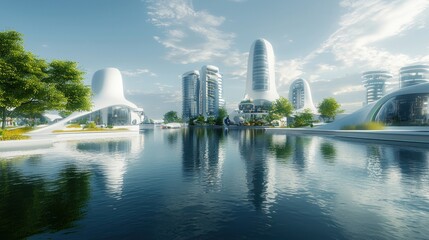 Obraz premium Futuristic cityscape with modern architecture and tranquil water reflections.