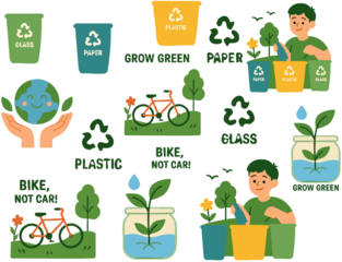 A colorful flat-style sticker set for World Environment Day, featuring eco-friendly illustrations such as recycling bins, bikes, plants, and a smiling Earth, promoting sustainability and environmental