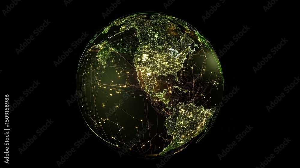 Poster visualizing global connectivity luminous digital globe displaying distribution routes across contine
