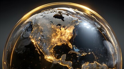 Abstract view of earth with glowing north America encased in a Golden Dome, evoking themes of security and technological advancement