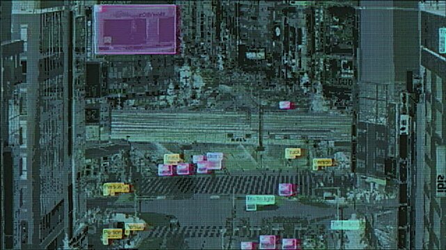 4K Cyberpunk-style AI surveillance of busy city intersection with colored detection boxes, pixel glitch texture, digital HUD elements and analog CRT distortion, motion graphics overlay, screen mode