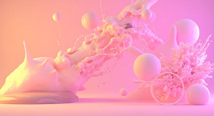 Abstract Pink Liquid Splash with Spheres 3D Render Pastel Colors Dynamic Flow