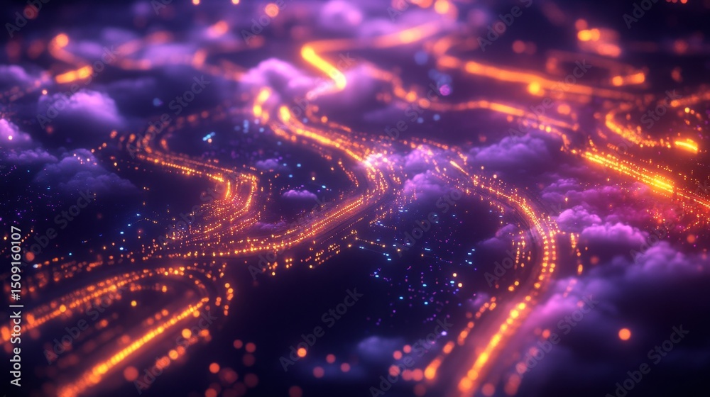 Poster exploring digital networks of cloud computing paths virtual environment illustrated viewpoint techno