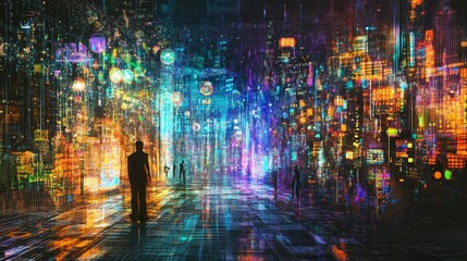 Fototapeta premium Exploring the digital matrix a journey through glowing grids in cyberspace