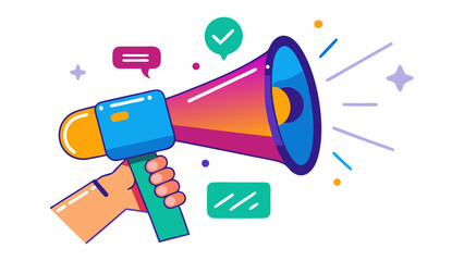 Hand holding megaphone with checkmark and speech bubble on white background