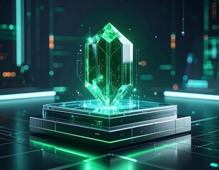 Glowing green crystal on a futuristic platform