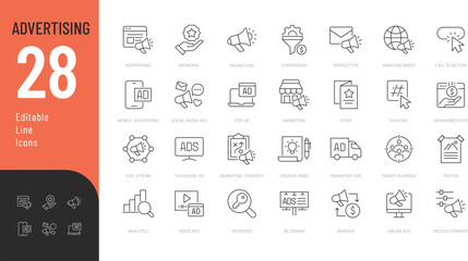 Advertising Line Editable Icons set. Vector illustration in modern thin line style of promotion related icons: marketing, announcement, branding, and more. Isolated on transparent background. 