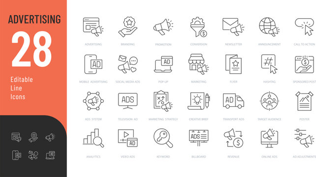 Advertising Line Editable Icons set. Vector illustration in modern thin line style of promotion related icons: marketing, announcement, branding, and more. Isolated on transparent background.
