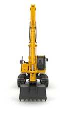 Yellow excavator, front view, isolated on white