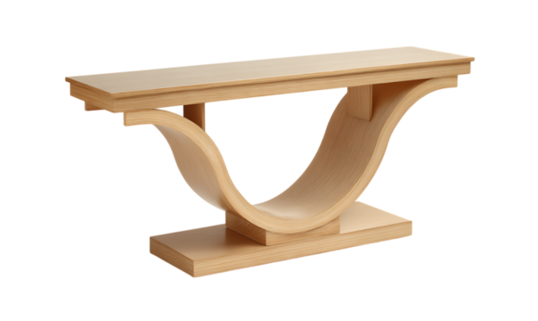 A light wood console table with an arched design, showcasing its curved silhouette and the glowing surface of LED lights that highlight its form. The table is isolated on a transparent background