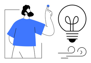 Man holding a small object, large lightbulb, flowing wind lines. Ideal for creativity, innovation, brainstorming, energy, inspiration problem-solving abstract thinking. Minimalist flat simple