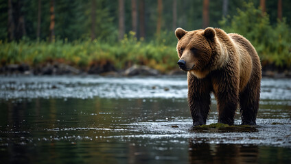 Brown bear walking on the river in autumn forest. Scientific name: Ursus arctos. Created using generative AI tools
