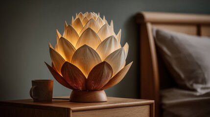 Vintage bedside lamp inspired by flowers on minimalist nightstand in warm glow