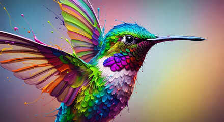 Fototapeta premium A vibrant hummingbird with colorful painted feathers