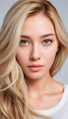 Asian woman with long blond hair wearing a plain white t-shirt poses confidently against a soft beige background, showcasing natural beauty and simplicity in portrait photography