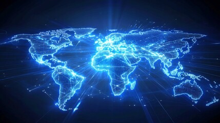 Aerial perspective futuristic world map with radiant lines in a high-tech environment