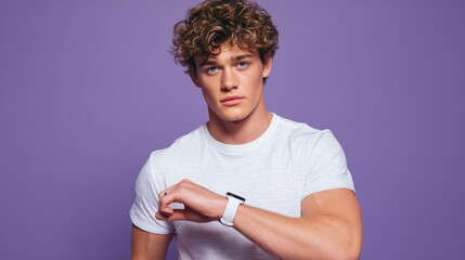 A young man with curly hair is adjusting his smartwatch while looking directly at the camera