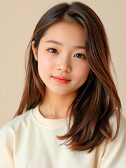 Asian woman with long black hair wearing a plain white t-shirt poses confidently against a soft beige background, showcasing natural beauty and simplicity in portrait photography