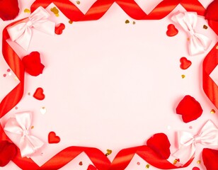 Elegant Valentine's Day photo frame decorated with red velvet ribbons, silk bows, rose petals, and gold accents on a soft pastel background. Perfect for romantic designs, greeting cards, mockups, and 