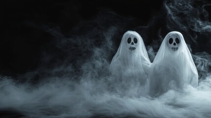 Two ghostly figures shrouded in white fabric emerge from a smoky, dark background, creating a spooky Halloween scene.