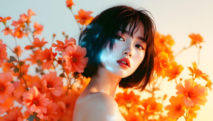 ファンタジーストーリー（花々に彩られた空間で、ファッショナブルなチェーンネックレスを纏う女性）