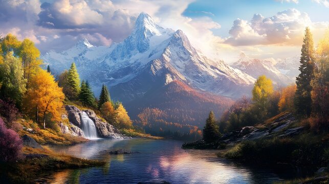 A serene autumn landscape with a waterfall cascading into a tranquil lake, nestled at the foot of snow-capped mountains. - Powered by Adobe