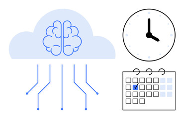 Digital brain in cloud with connected lines, clock for time tracking, calendar for event scheduling. Ideal for artificial intelligence, cloud computing, productivity, time management, task planning