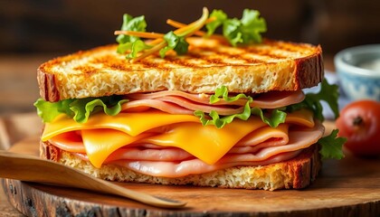 Layers of sliced ham, melted cheese, and crisp lettuce atop a toasted panini,  cuisine, texture