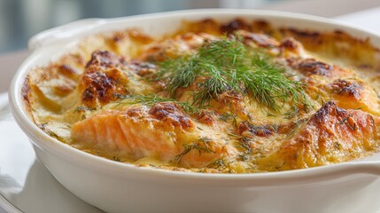 Delicious Salmon and Potato Gratin with Dill Garnish on White Dish