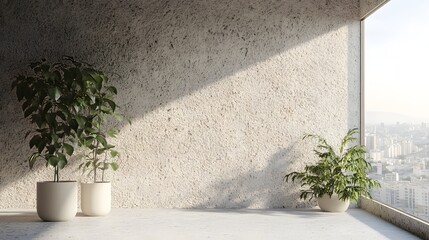 Light-filled room with potted plants and city views.