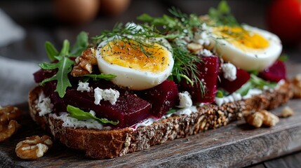 Delicious Open-Faced Sandwich with Beet Salad and Egg on Wooden Board