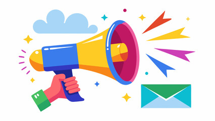 Hand holding megaphone with envelope cloud and stars for communication concept