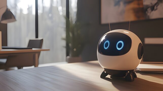 Modern office desk with small robot.