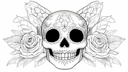 Ornate Sugar Skull with Roses Illustration