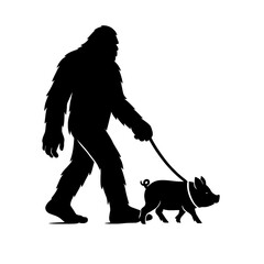 Bigfoot Walking a Pig Vector Silhouette