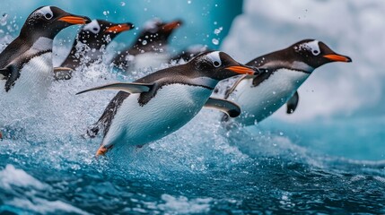 Fototapeta premium Group of penguins swimming together in icy waters nature scene animal content cold environment aerial view wildlife adventure
