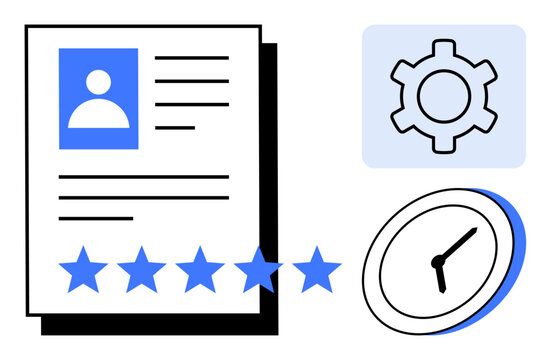 Professional profile with star ratings, a gear icon, and a clock symbolizing evaluation, efficiency, and performance. Ideal for recruitment, productivity, performance review, time tracking workflow
