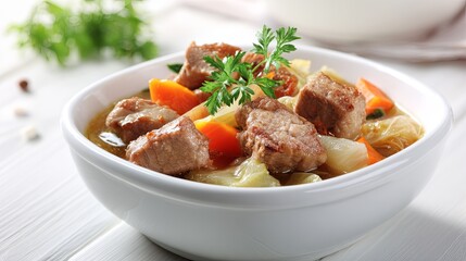 Hearty Cabbage and Pork Stew in Ceramic Bowl