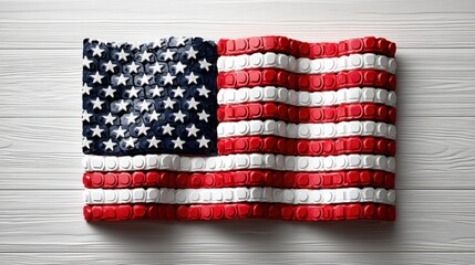 Obraz premium Patriotism in Miniature: Stylized American Flag Icon Made of Paper Tiles on Light Wooden Table (Top-Down View)