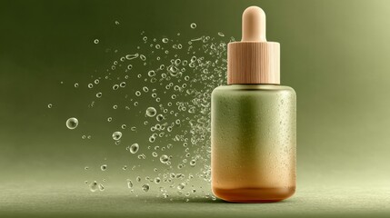 Glass dropper bottle with water splash on green background for skincare concept.