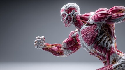 Detailed human muscular system in motion showing anatomical structure and fibers.