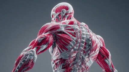Human muscular system anatomy from back view with detailed muscle structure.