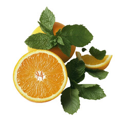 One Whole Orange And One Slice With Mint  isolated on a transparent background