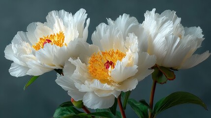 Close-up of blooming white peonies with yellow centers on dark background.