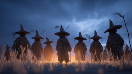 Mysterious straw figures in hats standing in field at twilight glow.